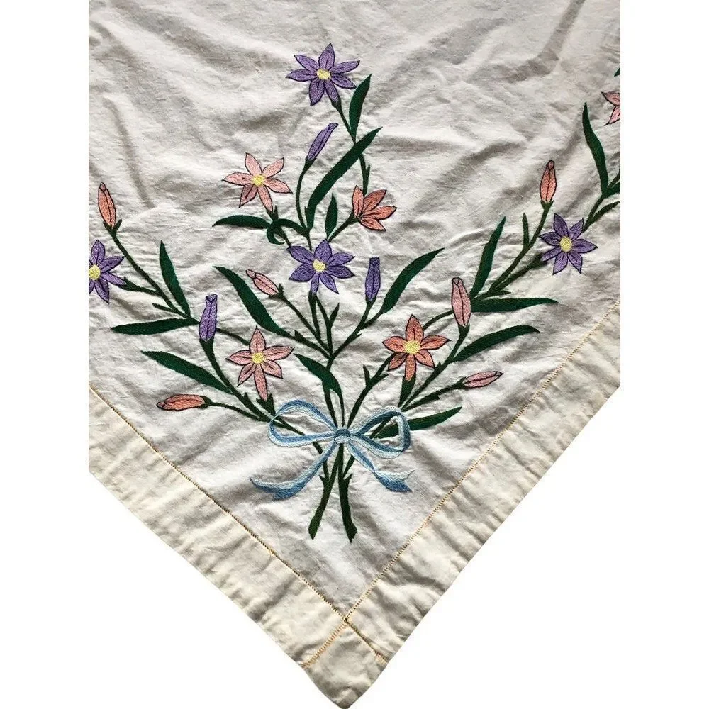 Vintage Hand Embroigered Tablecloth Floral 60” x 62”